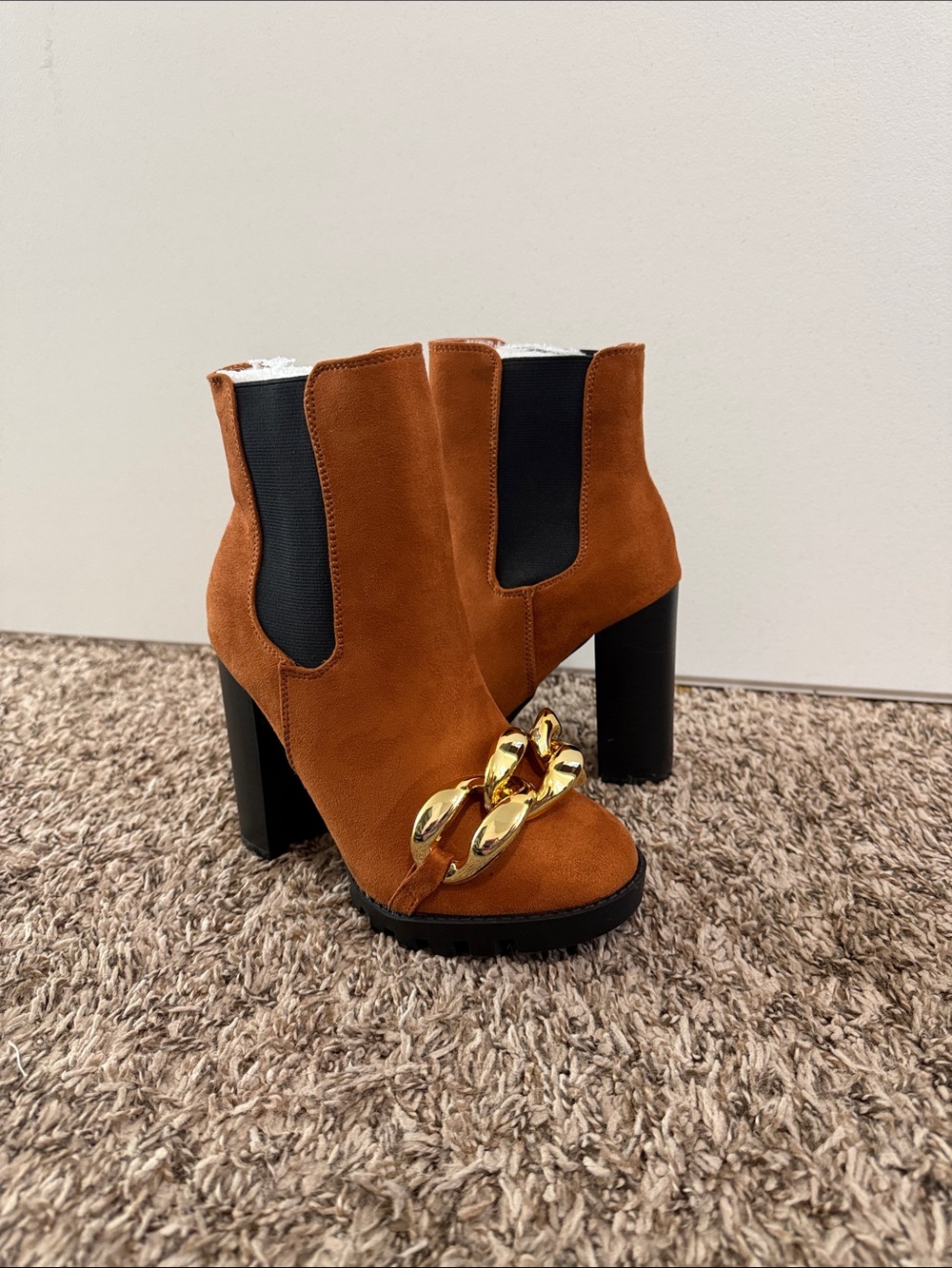 Cape Robbin Women's Tan Suede Platform Ankle Boots with Gold Chain Accent
